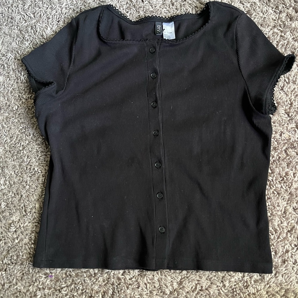 Ribbed Button-Front Short Sleeve Top - Black from H&M